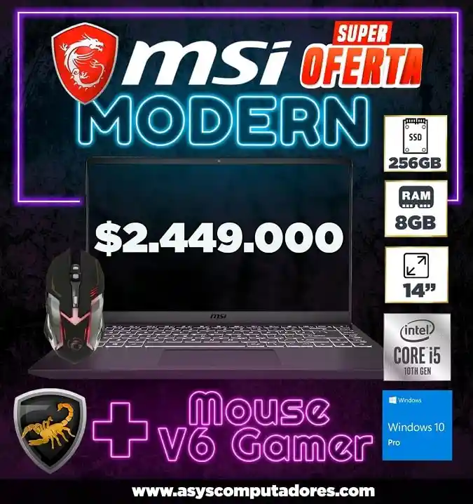 Msi Portatilmodern 14014 + Mouse Gamer V6