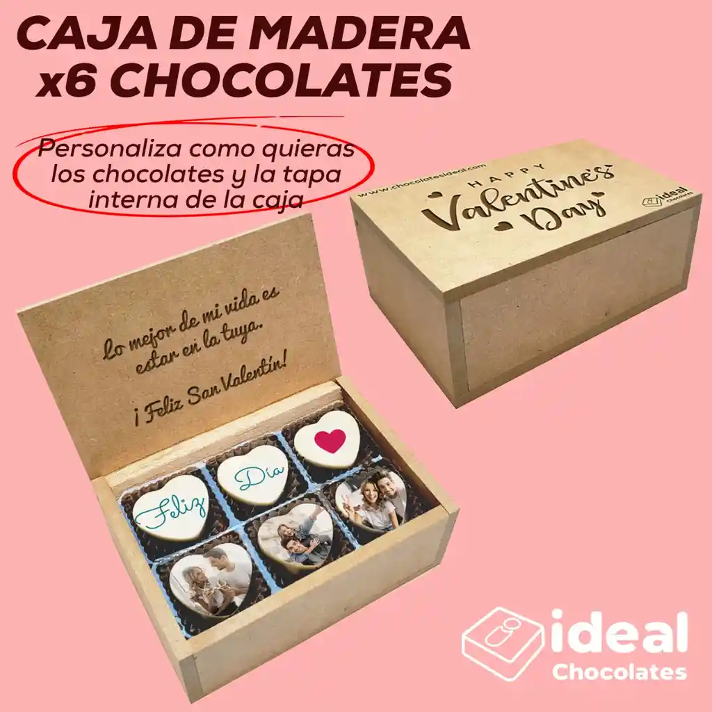 Caja En Madera De 6 Chocolates Personalizados