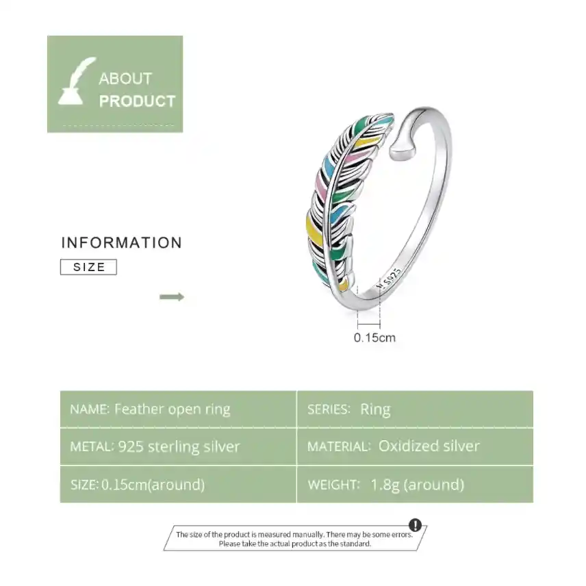 Anillo Ajustable Para Mujer Pluma De Colores En Plata