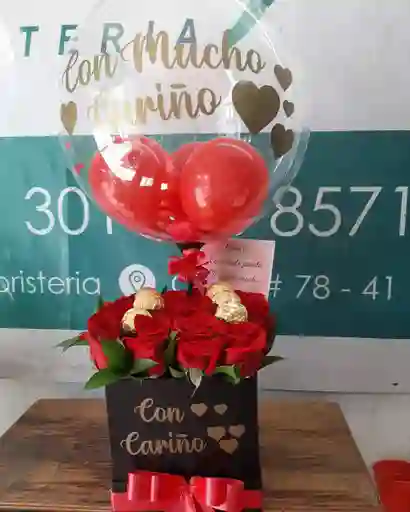 Caja De Rosas Con Globo Burbuja