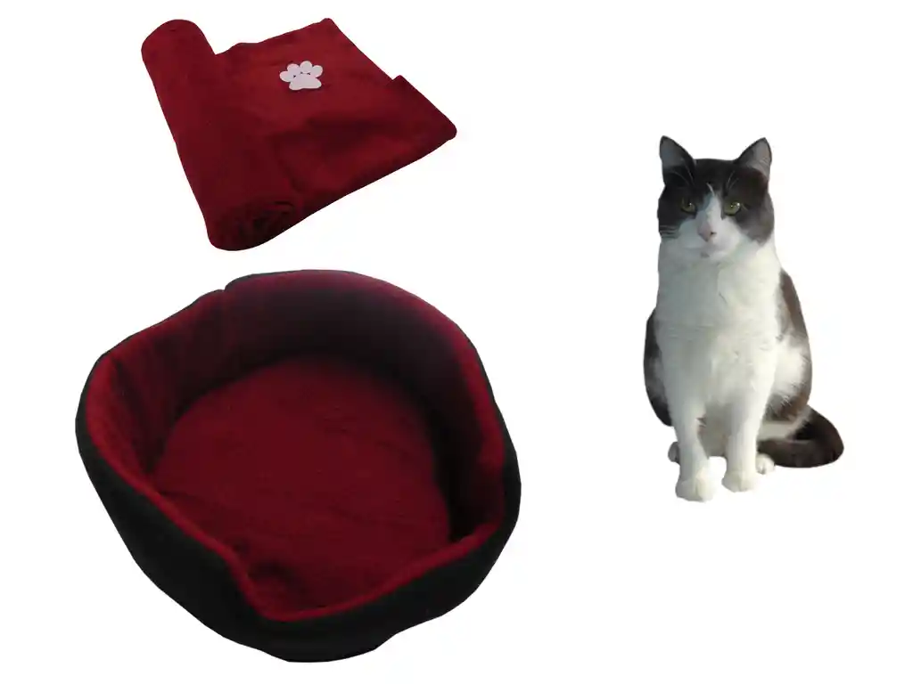 Cama Para Gato Pequeña + Cobija Termica Mediana Vinotinto