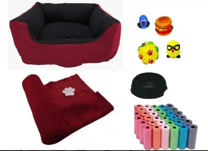 Cama Mediana Impermeable + Cobija + Bolsa + Dos Juguetes +comedero Vinotinto