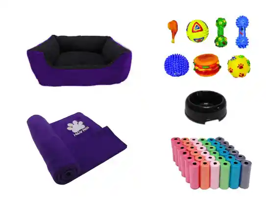 Cama Mediana Impermeable + Cobija + Bolsa + Dos Juguetes +comedero Morado