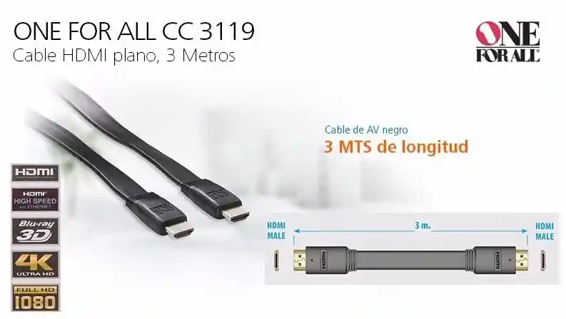 Cable Hdmi Plano De 3 Metros Ofa En Negro