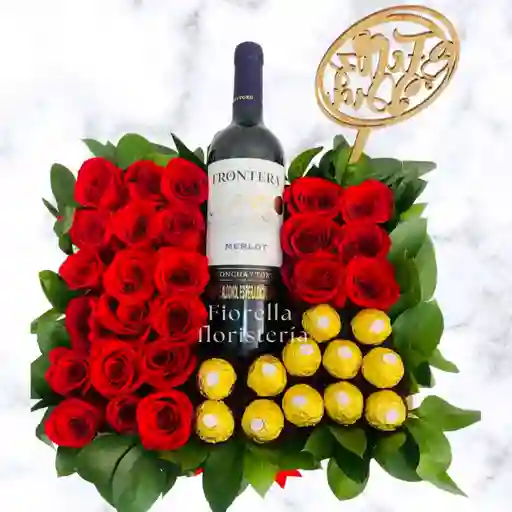 Caja De Rosas Con Vino