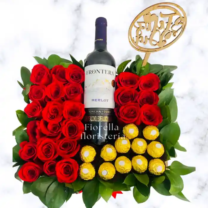 Caja De Rosas Con Vino