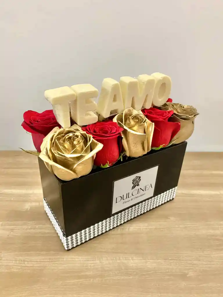 Box De 10 Rosas Doradas Y Rojas