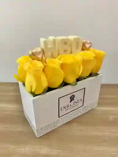 Box De 10 Rosas Amarillas Letras De Chocolate Hbd