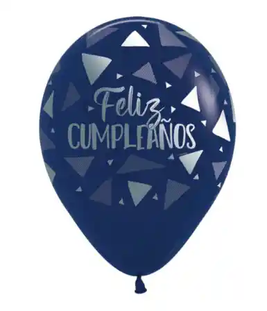 Bombas Globo Biodegradable De Latex Feliz Cumpleaños Azul Naval Con Triangulos R12