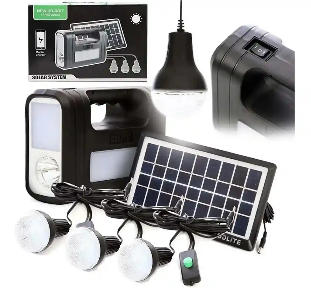 Kit Panel Solar Camping 3 Bombillas Usb Radio Mp3 Linterna