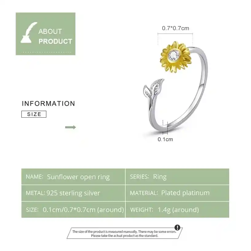 Anillo Ajustable Flor Girasol Para Mujer Fabricado En Plata