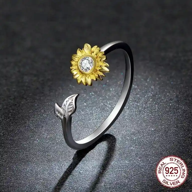 Anillo Ajustable Flor Girasol Para Mujer Fabricado En Plata