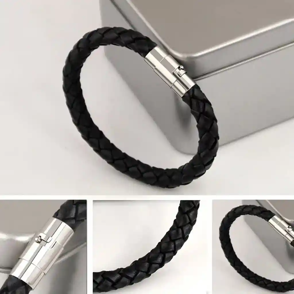 Pulsera De Hombre En Cuero Negro Con Cierre Magnético