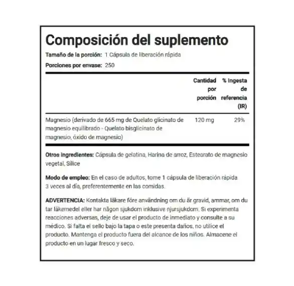 Glicinato De Magnesio Magnesium Glycinate 665 Mg 250 Capsulas