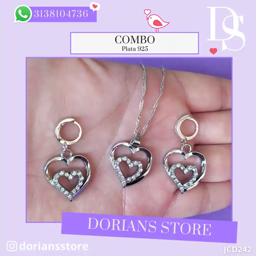 Juego Joyeria De Plata 925, Aretes Con Cadena Y Dije (jcd242)