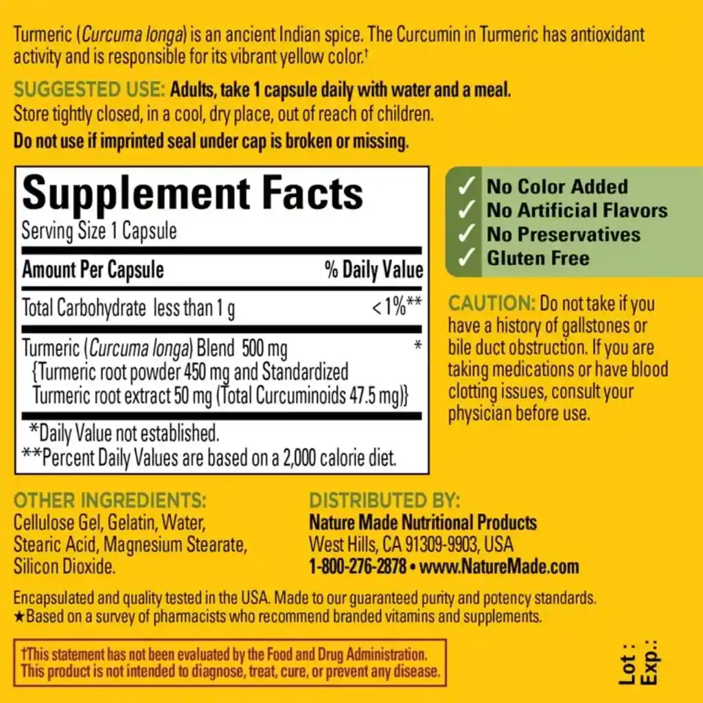 NATURE MADE Turmeric Curcumin  Antioxidante | 120 Capsulas