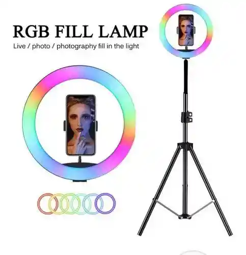 Aro Luz Led Rgb 33 Cm + Trípode 2.10 M + 3 Soportes Para Celular