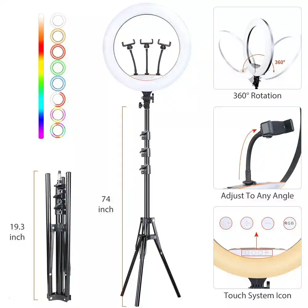 Aro Luz Led Rgb 33 Cm + Trípode 2.10 M + 3 Soportes Para Celular