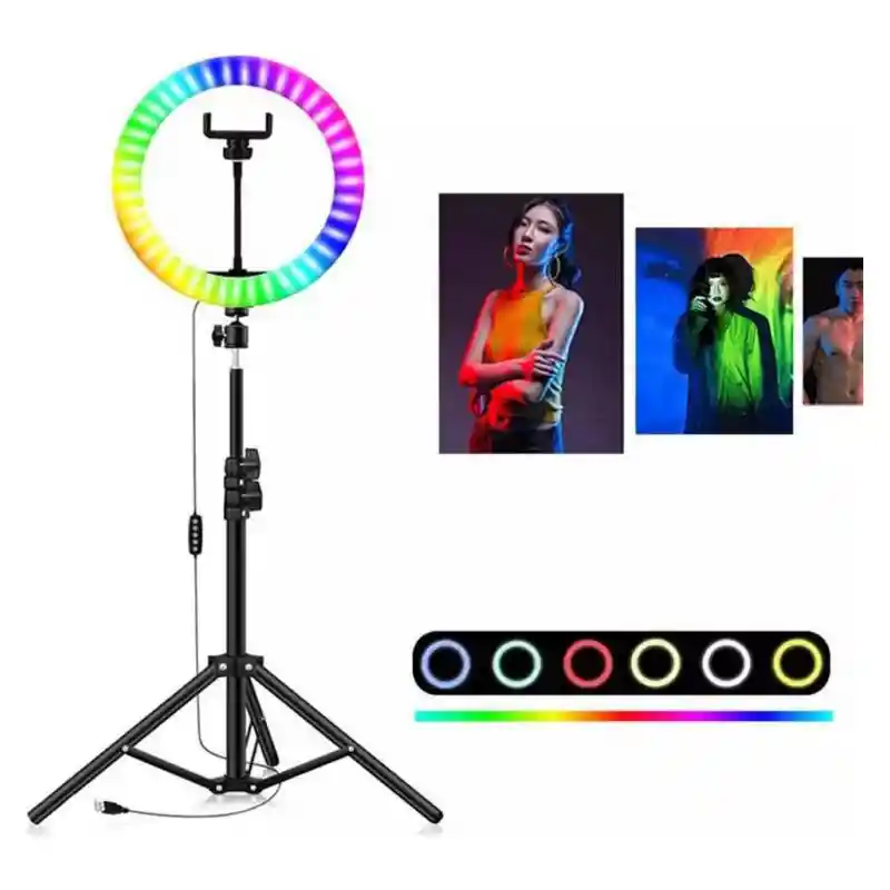 Aro Luz Led Rgb 33 Cm + Trípode 2.10 M + 3 Soportes Para Celular