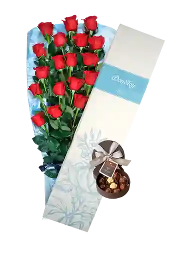 Rosas Rojas X 18 En Caja Azul + Chocolates Don Eloy