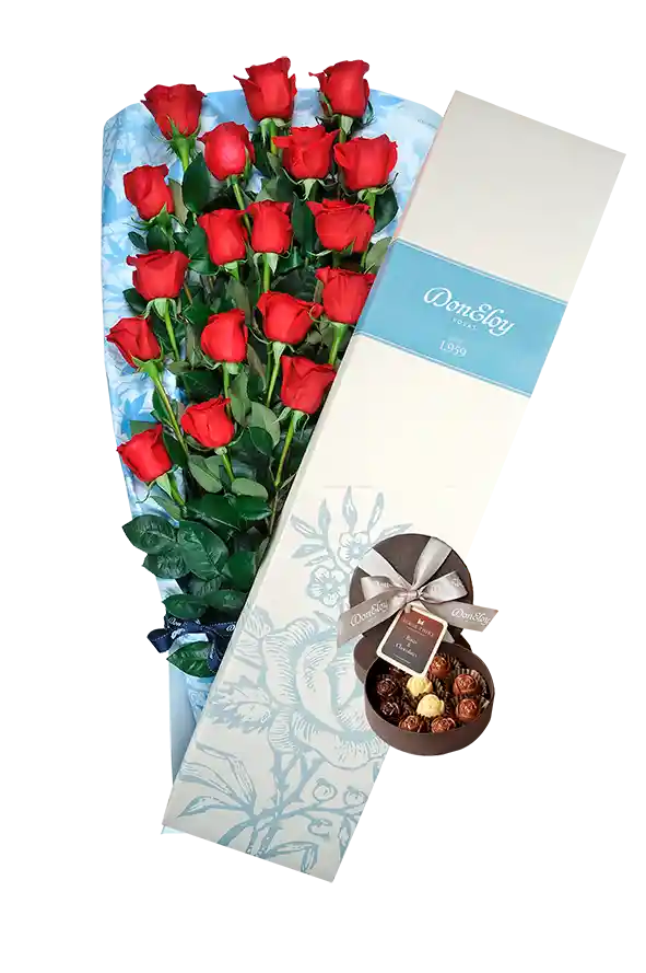 Rosas Rojas X 18 En Caja Azul + Chocolates Don Eloy