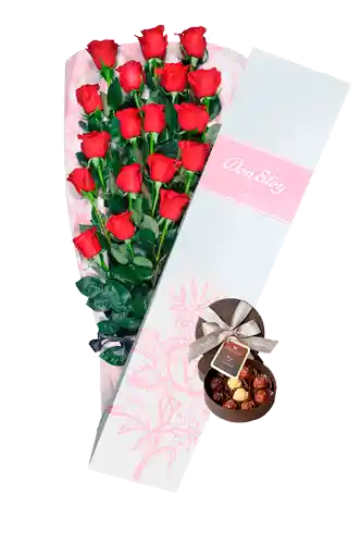 Rosas Rojas X18 En Caja Rosada + Chocolates Don Eloy