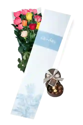 Rosas Surtidas X 18 En Caja Azul + Chocolates Don Eloy