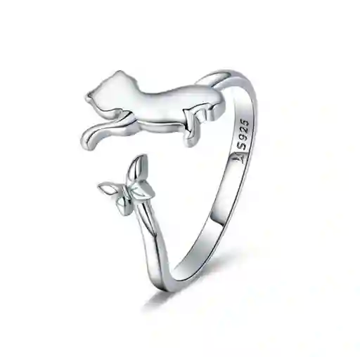 Anillo Ajustable Para Mujer Gato Mariposa En Plata 925