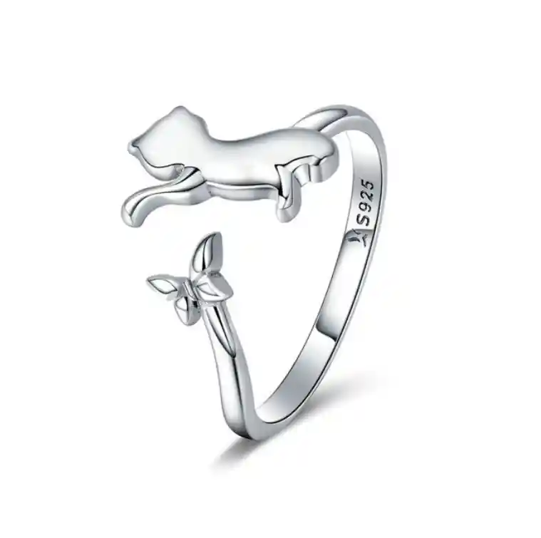 Anillo Ajustable Para Mujer Gato Mariposa En Plata 925