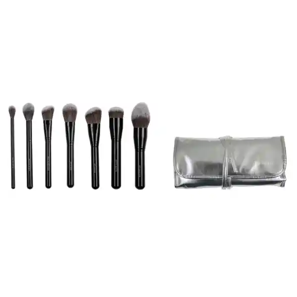 Kit Completo De 7 Brochas Para Cara Con Cosmetiquero Plateado