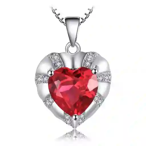Collar Dije Corazón Con Circón Rojo Para Mujer En Plata 925