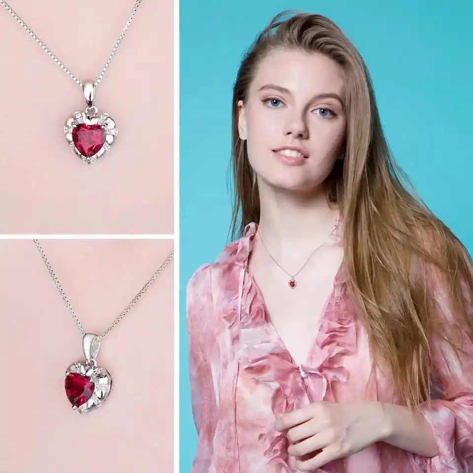 Collar Dije Corazón Con Circón Rojo Para Mujer En Plata 925