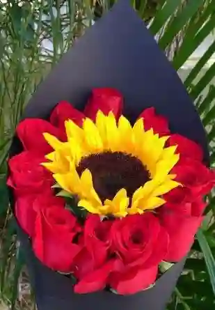 Bouquet Rosas Medellin Y Girasoles Con Mensaje Cumpleaños O Aniversario, San Valentín