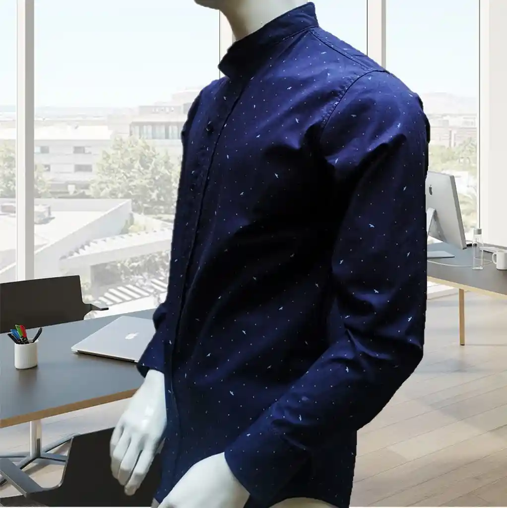 Camisa En Algodón Para Hombre Manga Larga Azul Oscuro Puntos Talla S