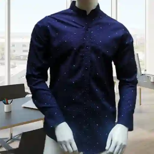Camisa En Algodón Para Hombre Manga Larga Azul Oscuro Puntos Talla S