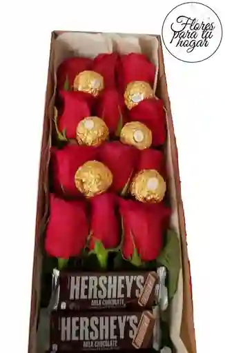 Caja De Rosas Con Ferrero Rocher Y Hershey's