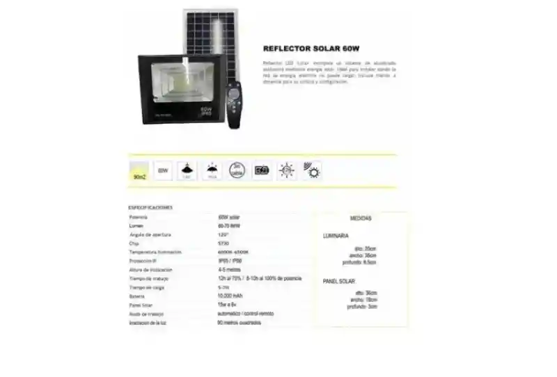 Reflector Solar Lampara 60w Led Ultrabrillante