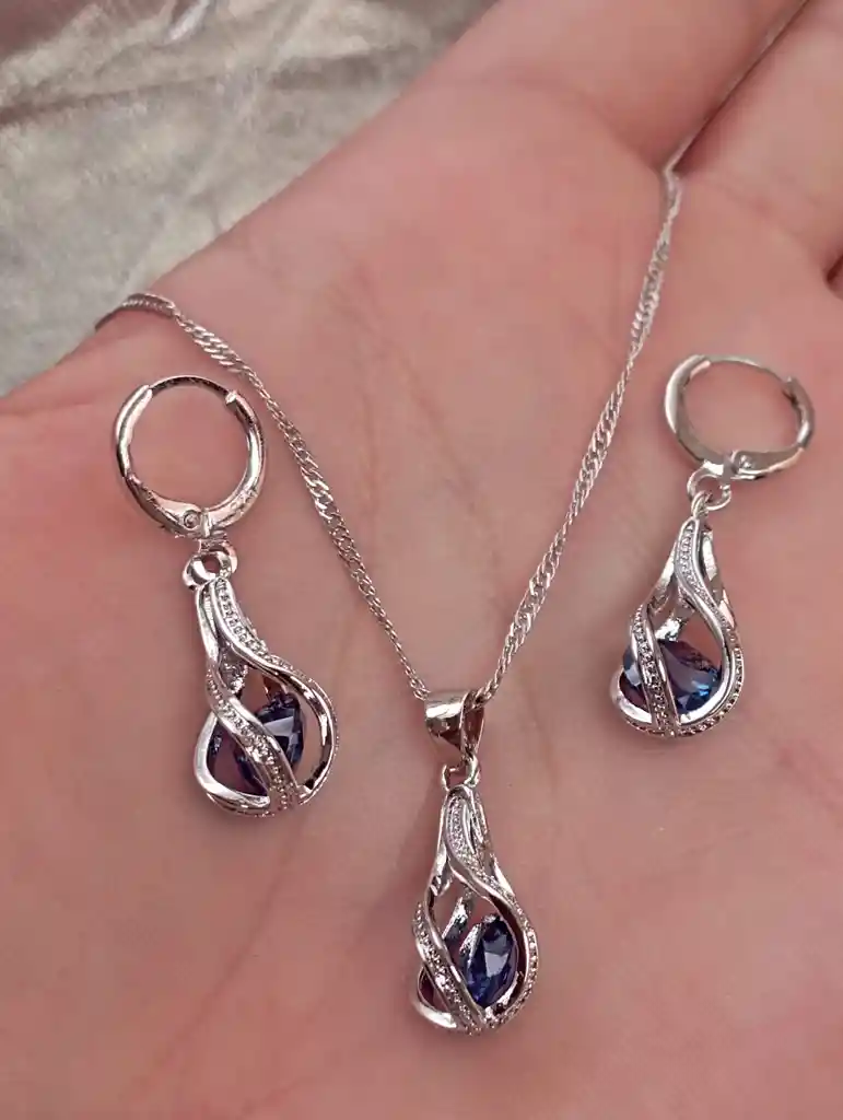 Juego Joyeria De Plata 925, Aretes Con Cadena Y Dije, Regalo Perfecto