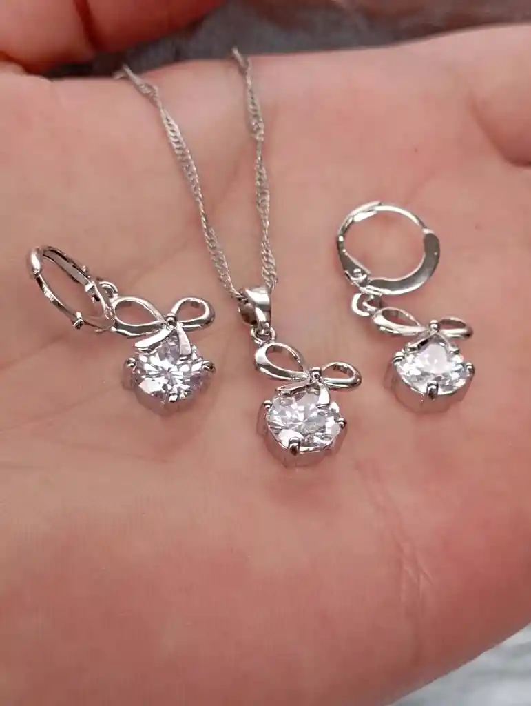 Juego Joyeria De Plata 925, Aretes Con Cadena Y Dije, Regalo Perfecto