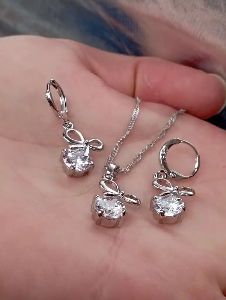 Juego Joyeria De Plata 925, Aretes Con Cadena Y Dije, Regalo Perfecto