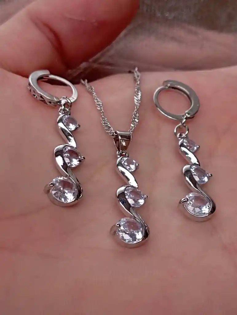 Juego Joyeria De Plata 925, Aretes Con Cadena Y Dije, Regalo Perfecto