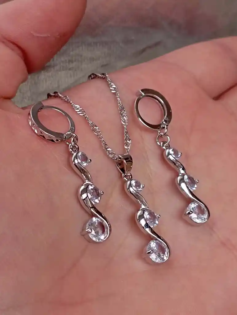 Juego Joyeria De Plata 925, Aretes Con Cadena Y Dije, Regalo Perfecto