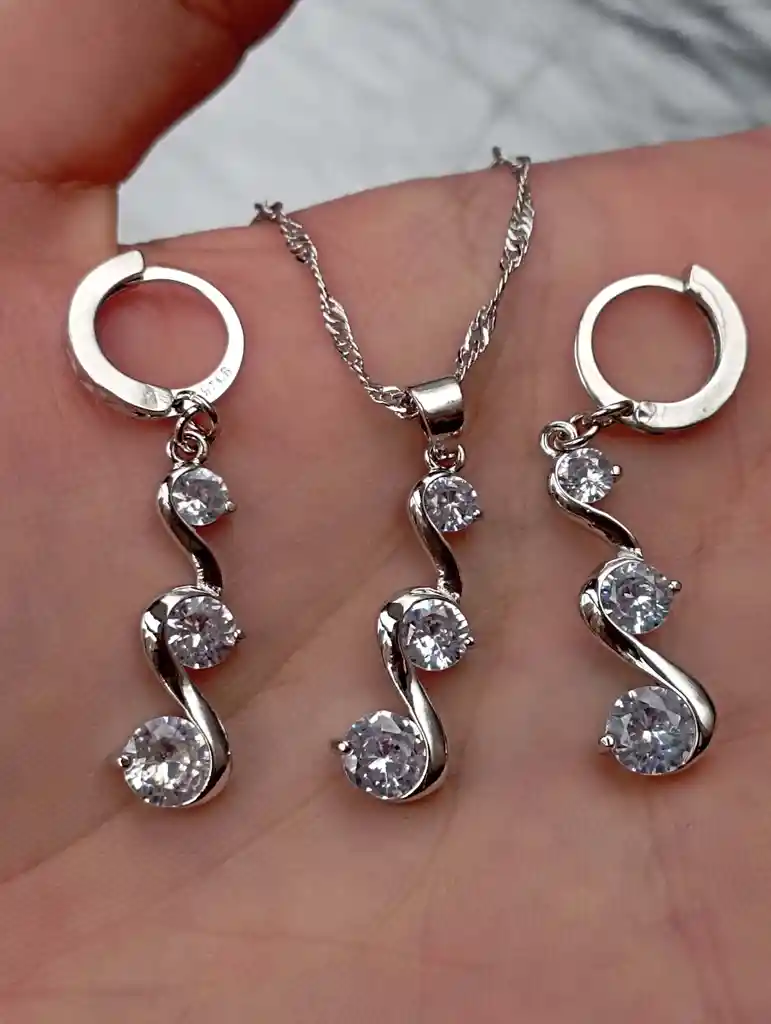 Juego Joyeria De Plata 925, Aretes Con Cadena Y Dije, Regalo Perfecto