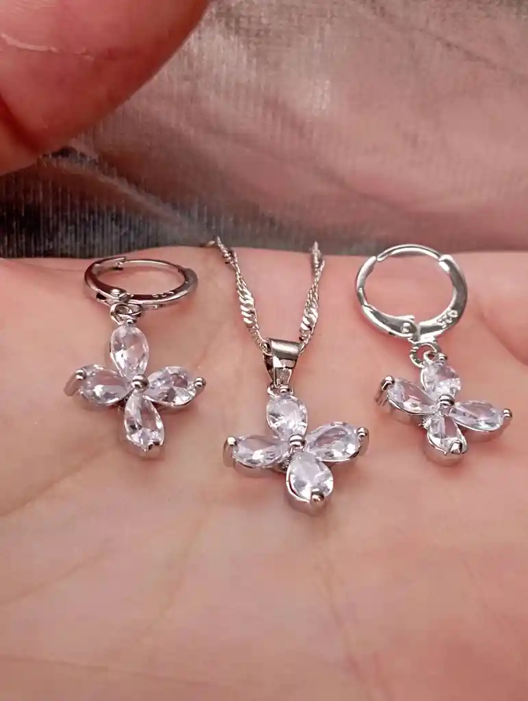 Juego Joyeria De Plata 925, Aretes Con Cadena Y Dije, Regalo Perfecto