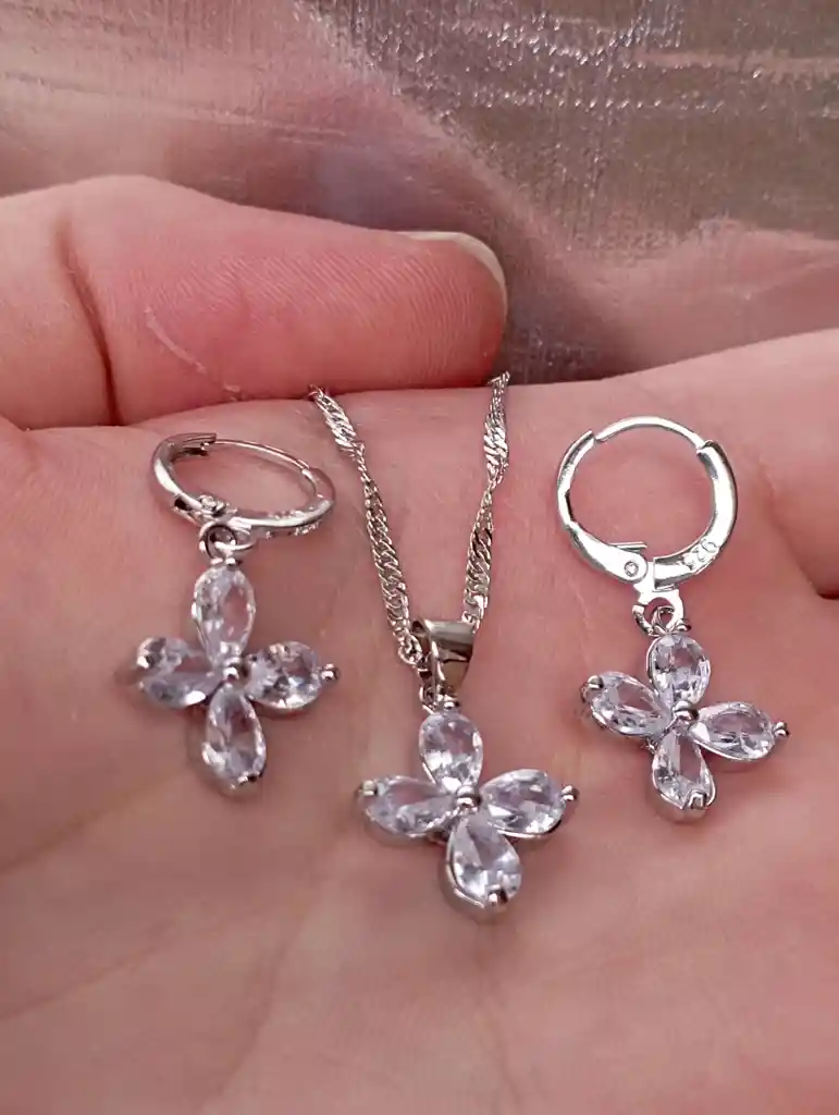 Juego Joyeria De Plata 925, Aretes Con Cadena Y Dije, Regalo Perfecto