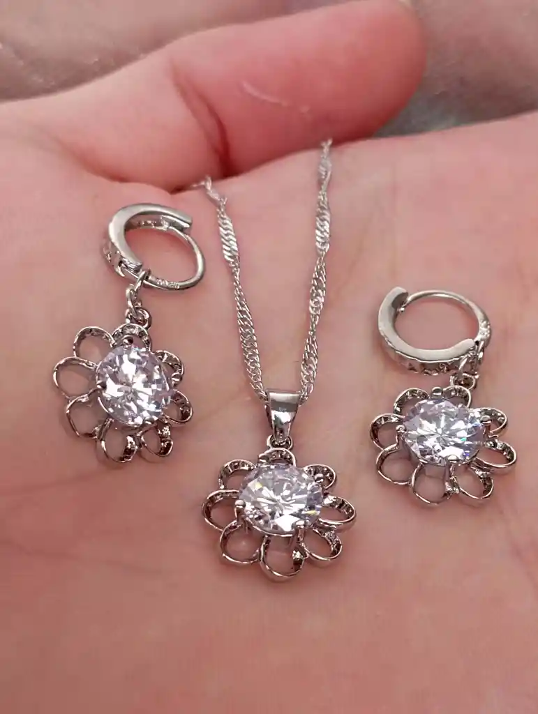 Juego Joyeria De Plata 925, Aretes Con Cadena Y Dije, Regalo Perfecto