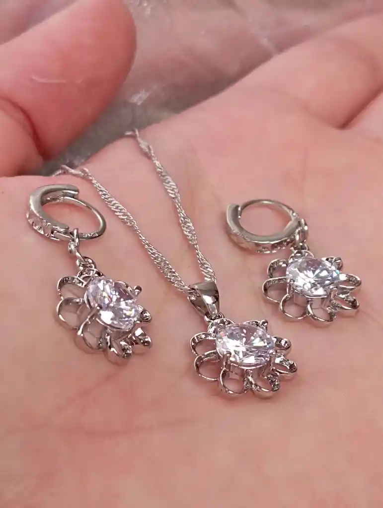 Juego Joyeria De Plata 925, Aretes Con Cadena Y Dije, Regalo Perfecto