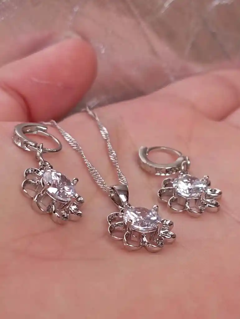 Juego Joyeria De Plata 925, Aretes Con Cadena Y Dije, Regalo Perfecto