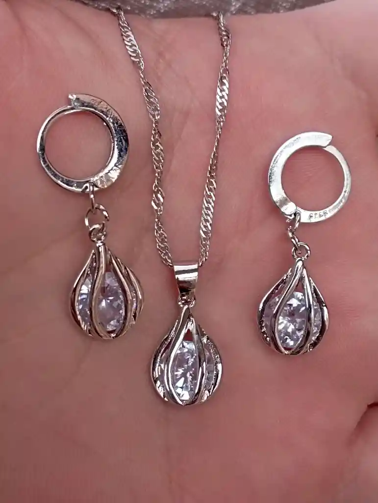 Juego Joyeria De Plata 925, Aretes Con Cadena Y Dije, Regalo Perfecto Jdp367