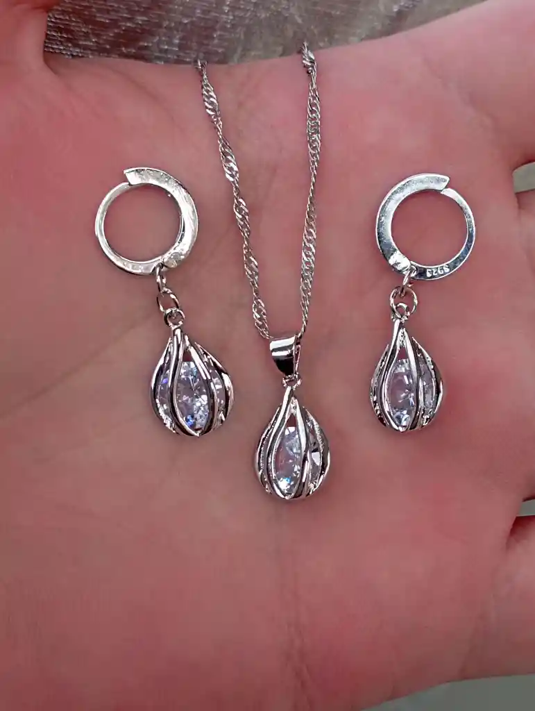 Juego Joyeria De Plata 925, Aretes Con Cadena Y Dije, Regalo Perfecto Jdp367